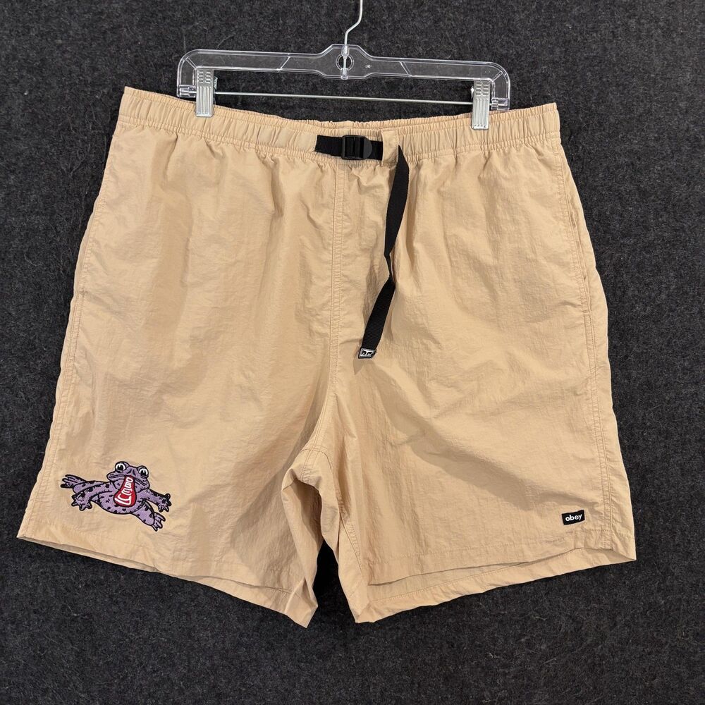 Obey Shorts Men's XL Beige 7" Nylon Chino Elastic Waist Frog Embroidered Belted